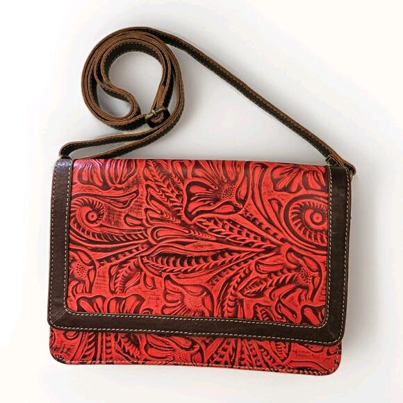Vtg Tooled Leather Crossbody Bag Boho Hippie Western Festival Satchel Brown Red - Picture 1 of 9
